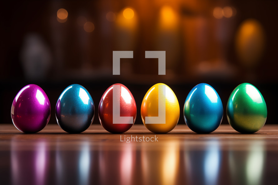 AI Generated Image. Colorful Easter eggs in a row on a table with copy space