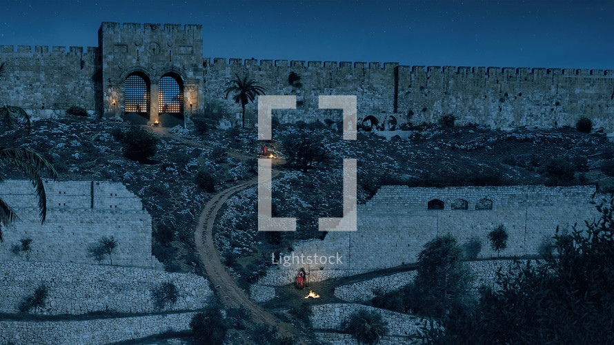 Old City of Jerusalem and closed Golden Gate - night
