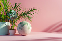 AI Generated Image. Earth Day mockup on a pink background with copy space and plants