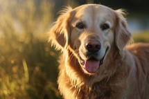 AI Generated Image. Cute adorable Golden Retriever dog in a grassy meadow