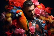 AI generated image. Haute couture fashionable young man with flowers and parrot
