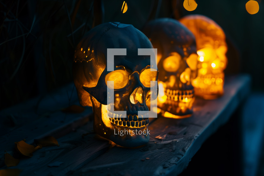 AI Image. Three glowing skeletal skulls on a shelf in a dark room. Halloween concept