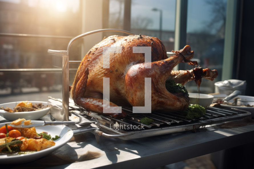 AI generative images. Turkey preparing on a grill grid for Thanksgiving dinner