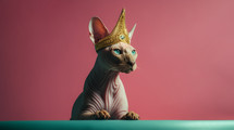 AI generated image. Sphinx cat wearing golden crown on a pink background