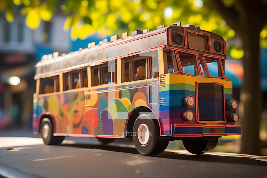 AI generative images. Colorful bus in the city made of used cardboard and wood