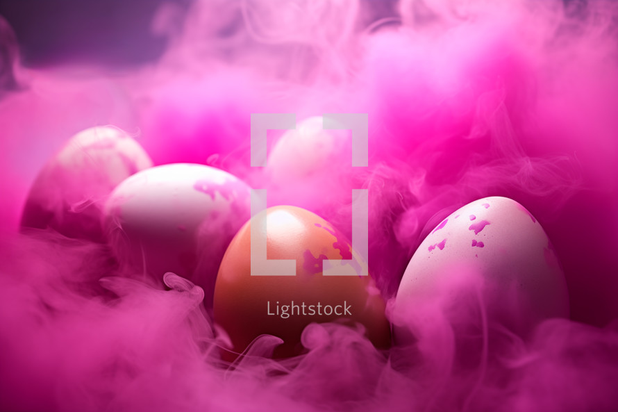 AI Generated Image. Easter eggs in abstract magenta and pink fluffy paste smoke