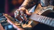 A close-up view of a musician hands on their guitar