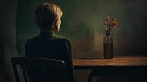AI Generated Image. Back view on woman sitting at the table in a dark interior
