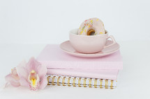 donut, orchids, coffee, pink, Bible, Bible study, notebooks, journals, white background 