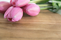 pink tulips on wood 