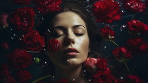 AI Generated Image. Woman submerged under the water full of red roses