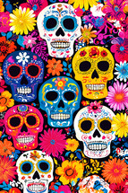 AI Image. Illustration of Day of the Dead with colorful sugar skulls adorned floral patterns