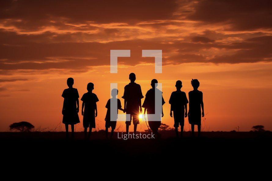 A photo of silhouettes of children in Africa at sunset