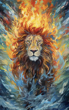 A painting of a majestic Lion with fire and water