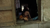 Sad Asian Woman Looking Out Window Abuse Prostitution Violence Trama Asia