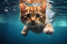 AI Generated Image. Cute little kitty swimming underwater and looking at camera