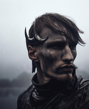AI generated image. Close-up portrait of the Viking King emerging from wet black mud