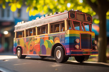 AI generative images. Colorful bus in the city made of used cardboard and wood