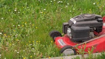 Red lawn mower mowing weeds 