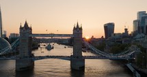 London Bridge On A Busy Summer Evening Aerial Panning Shot