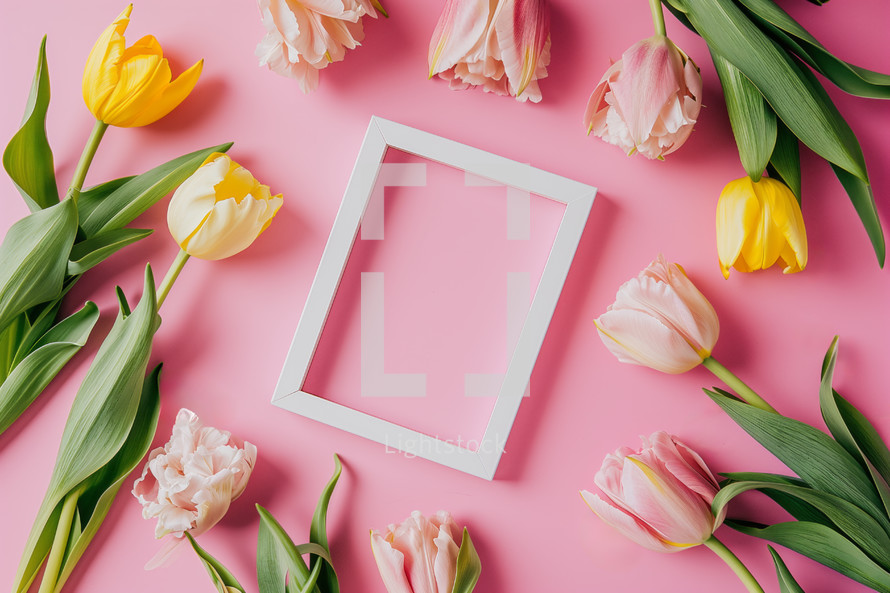 AI Generated Image. Flowers placed around empty white photo frame on a pink background
