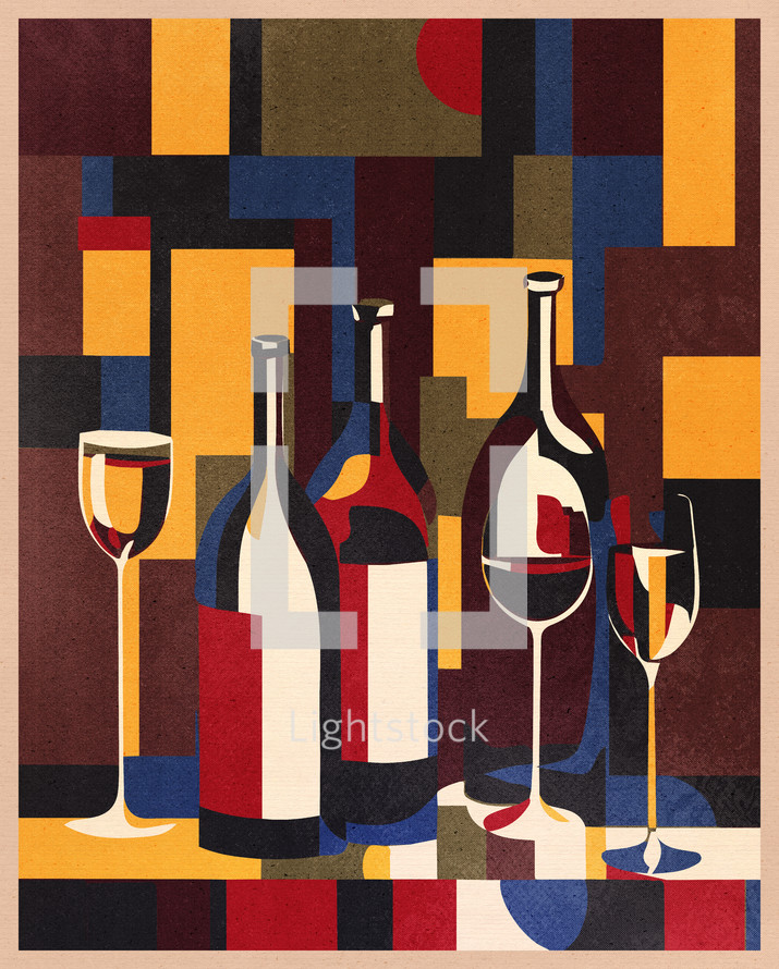 Wine bottles and wine glasses, 1970s poster, mid-century modern style.