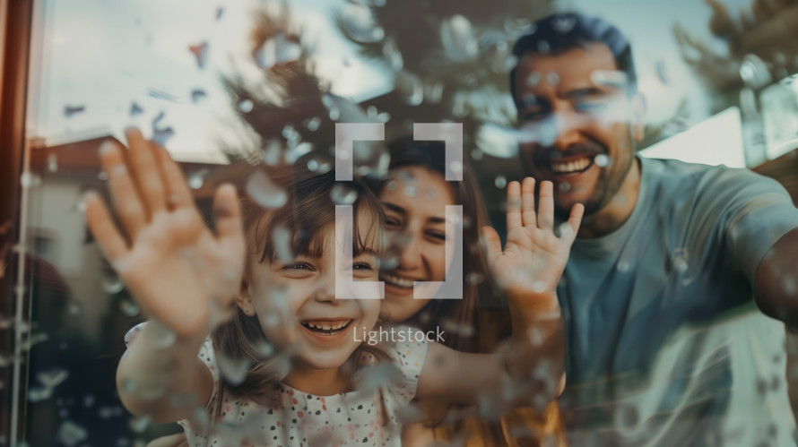 AI Generated Image. Happy family at home behind the window with nature reflection