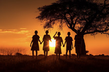 A photo of African children silhouetted against the sunset