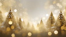 Painterly pine trees on a creamy background with golden bokeh and golden shimmer with space for text