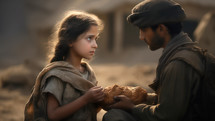 Little girl giving bread to soldiers in the Middle East during the war