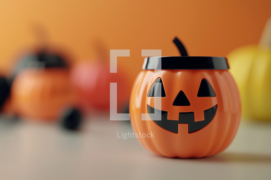 AI Image. Halloween smiling pumpkin candy container on a table