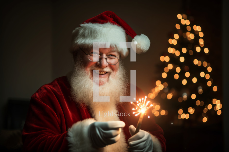 AI generative images. Smiling and playful Santa holding sparkler