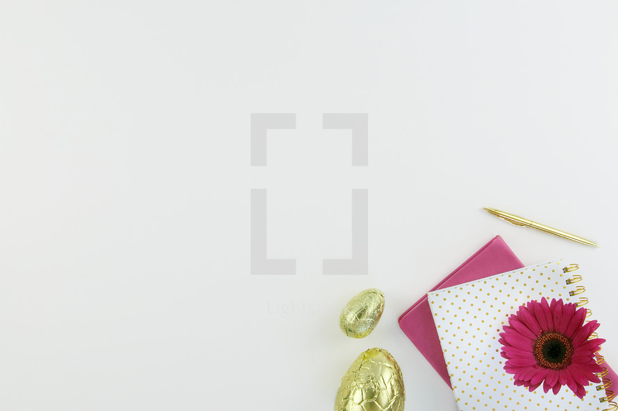 gold, Easter eggs, candy, journal, pen, flowers, fuchsia 