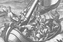 Jesus and disciples on a boat in a storm 