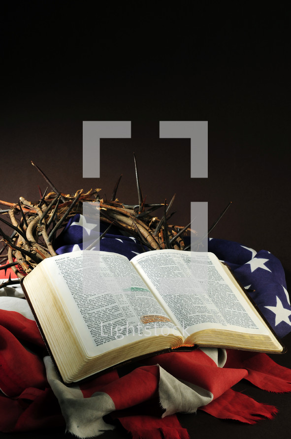 crown of thorns, Bible, and American flag 