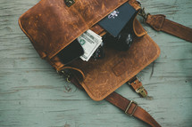 cash, cellphone, passport, camera in a messenger bag 