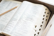 pencil on the pages of a Bible sitting in a tray 