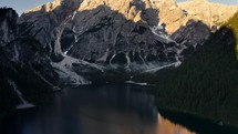 Drone view of Lago di Braies during sunrise