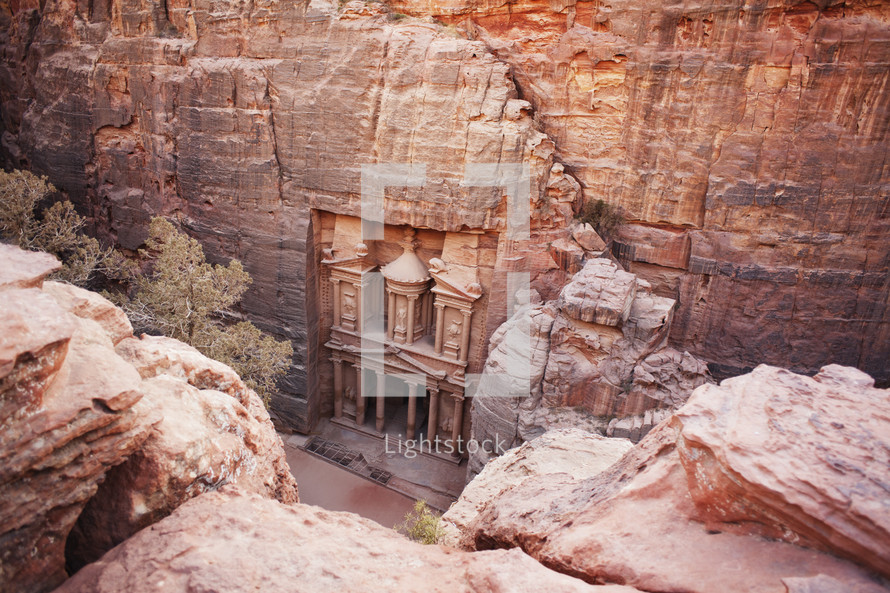 Elevated view of Al Khazneh - the treasury, ancient city of Petra, Jordan.
