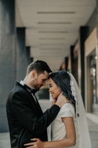 bride and groom portrait in a city 