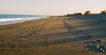 Calm ocean and footprints near the beach 