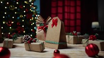 Hand creating composition of Christmas gifts boxes