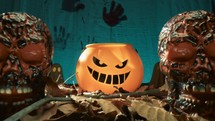 Smiling Flashing Halloween Pumpkin And Monsters