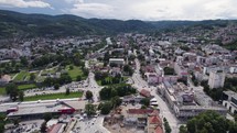 Aerial fly-over Banja Luka, Bosnia with prominent landmarks