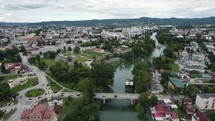 Establishing aerial view over Vrbas river in Banja Luka, Second largest city in Bosnia and Herzegovina