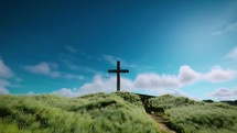 One cross on the green hill with clouds moving on blue starry sky and the sun rising. Easter, resurrection, new life, redemption concept.