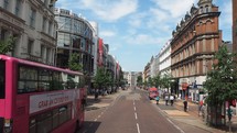 BELFAST, UK - CIRCA JUNE 2018: View of the city of Belfast from a moving double decker bus - EDITORIAL USE ONLY