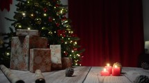 Christmas tree gift and candles background 
