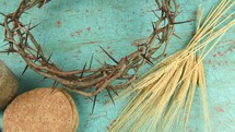 communion, cup, wine, bread, three nails, crown of thorns, wheat
