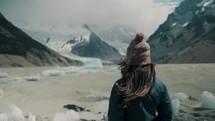 Back View Of Woman Looking At Laguna Torre And Cerro Torre In Santa Cruz Province, Argentina. slow motion shot